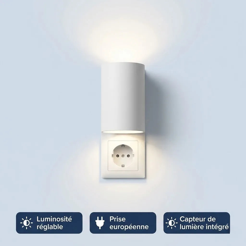 LumiGuard™ – Lampe Murale à Prise avec Capteur & Intensité Réglable